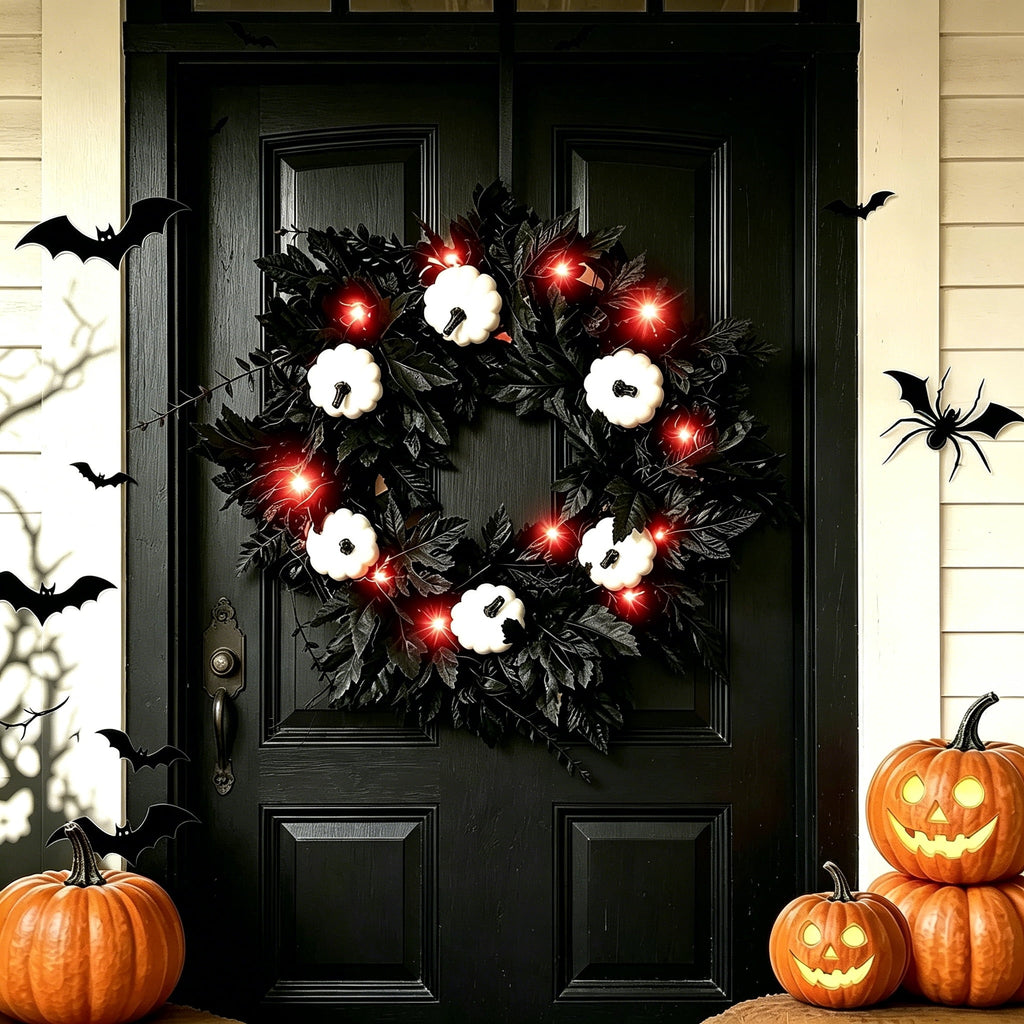 Halloween Wreaths Decoration for Front Door,Black Maple Pumpkin Wreath Decor with Lights,Fall Artificial Flower Wreath for Halloween Thanksgiving Wall,Window,Indoor Outdoor Halloween Home Decoration