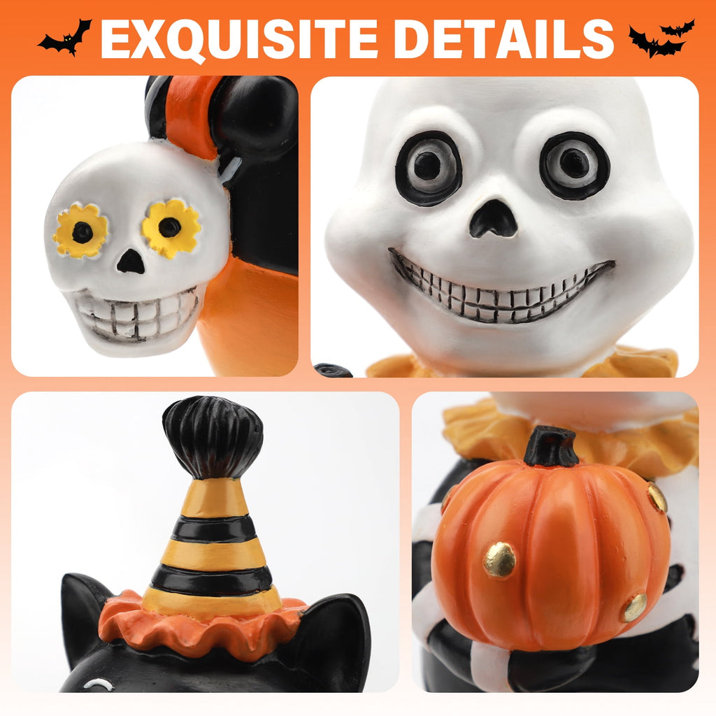 Ayieyill 2pcs Halloween Cat and Skeleton Figurines Vintage Halloween Black Cat Decor Halloween Table Decorations