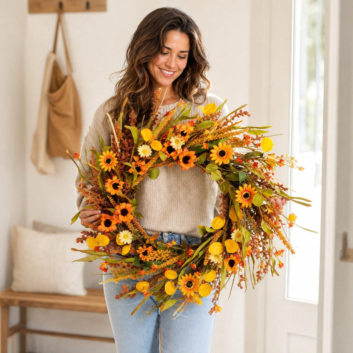Winter Poetry Upgrade Fall Sunflower Dried Grass Wreath, Harvest Front Door Hanging Garland, Rattan Base Artificial Wreath for Halloween Thanksgiving Window Wall Decor, 17.71x17.71x3.54in
