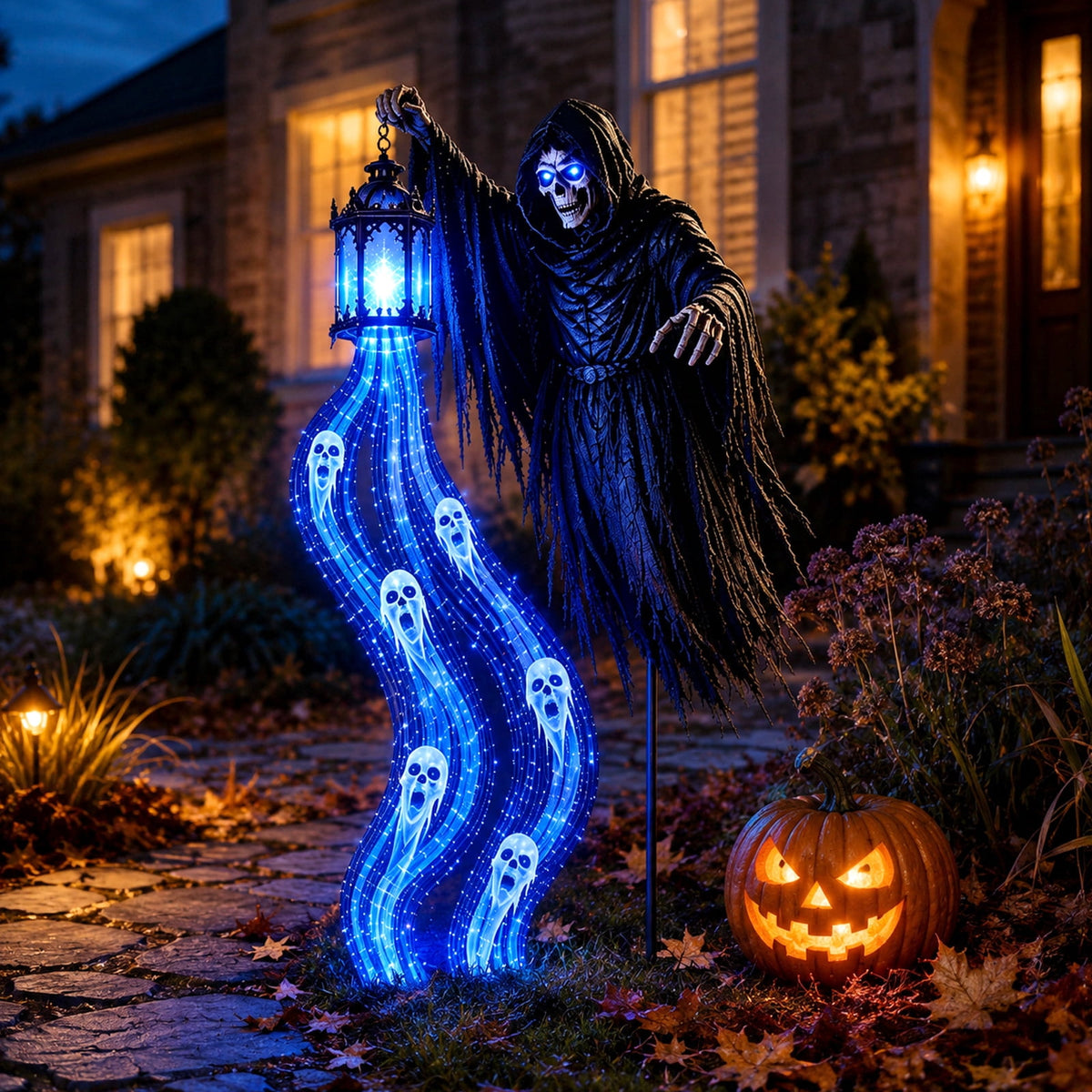 Halloween Soul Harvester Animated Solar Garden Stake Light, Spooky Skeleton Reaper with Cascading Blue Souls, 31.5 Inch Solar Ghost Yard Stake for Cemetery Lawn Outdoor Decor