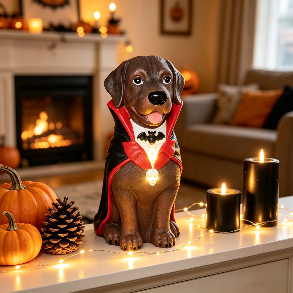 Clearance! Halloween Light‑Up Dog Figurine, 7.9in Scarecrow Dog Statue with Glowing Pumpkin, Waterproof Resin Table Yard Decor