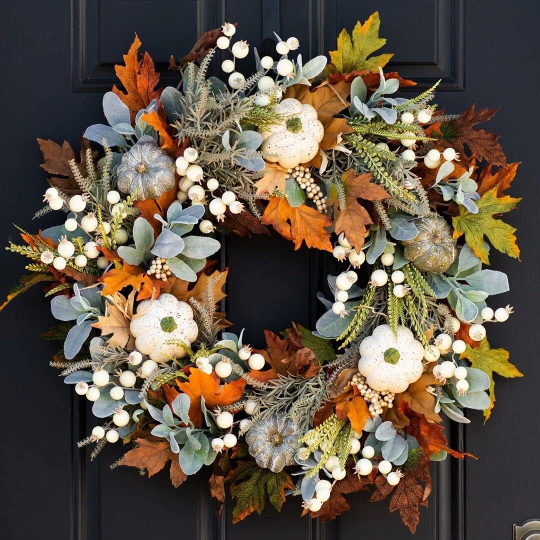 KOMI 2024 Fall Peony and Pumpkin Wreath for Front Door - Year Round Durable Farmhouse Wreath with Maple Leaves, Berries, Pinecones, and Pumpkins for Thanksgiving, Halloween, and Seasonal Home Decor