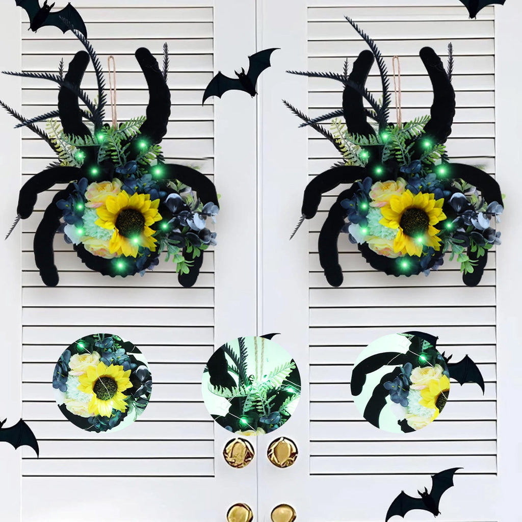 Halloween Door Hanger Wreath Spider Decorations, 30cm Halloween Party Cute Spider Artificial Flower Wreaths Decor with Lights for Front Door Farmhouse Porch Wall Decor Outdoor,Halloween Decorations