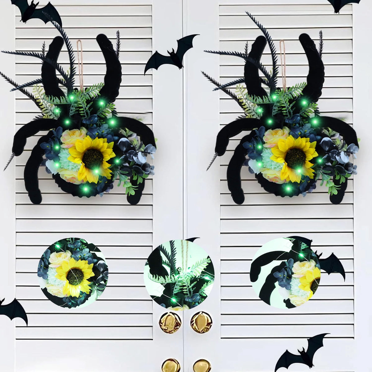 Halloween Door Hanger Wreath Spider Decorations, 30cm Halloween Party Cute Spider Artificial Flower Wreaths Decor with Lights for Front Door Farmhouse Porch Wall Decor Outdoor,Halloween Decorations