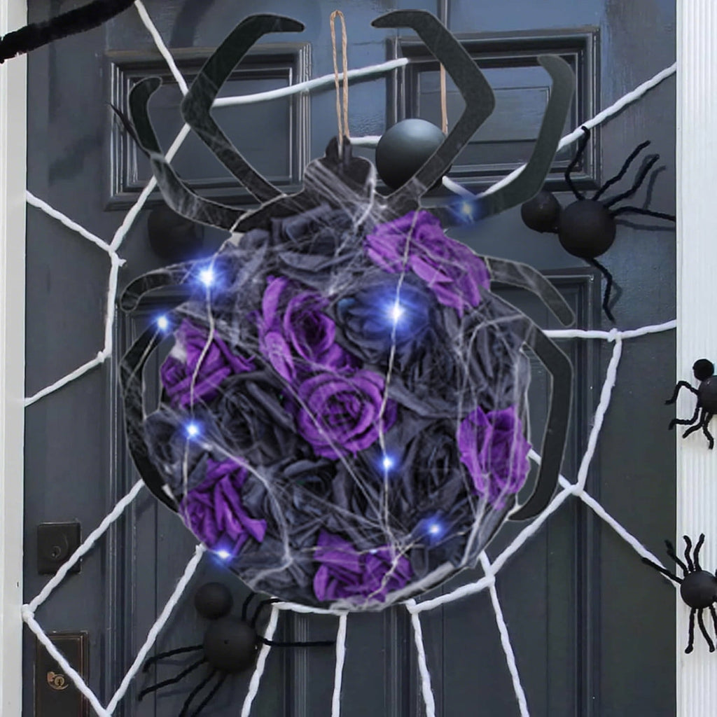 XEAZON Halloween Spider Decorations with Cobweb,Artificial Purple Rose Flower Spider Wreath for Front Door Hanging Decor,Halloween Party Indoor Outdoor Decor Hanger,Halloween Accessories with Lights