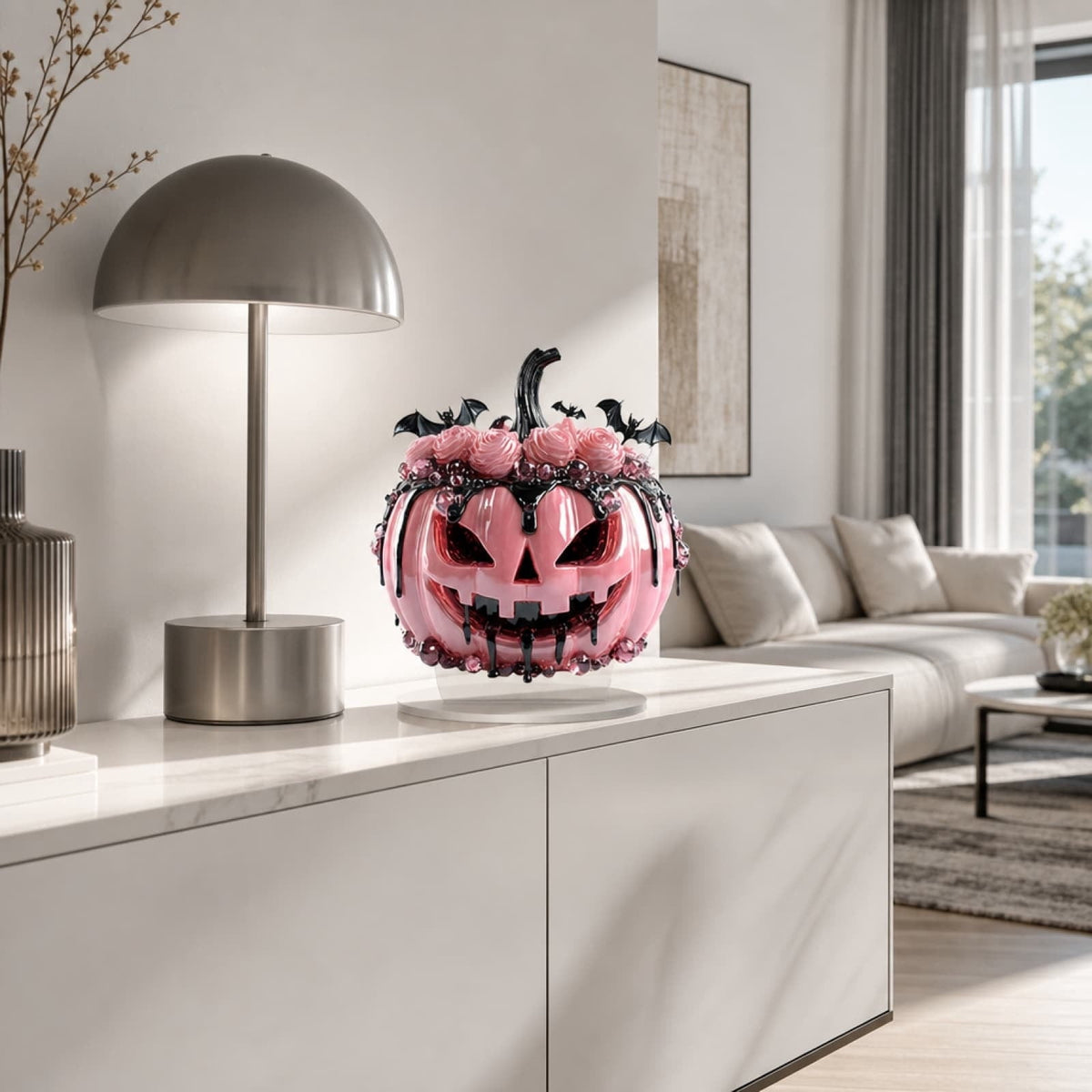 XIA0LE Pink Jack O Pumpkin Figurine With Pink Roses Black Bat Decor Plaque Decoration, Gothic Pink Pumpkin Statue, Spooky Cute Halloween Tabletop Mantel Home Decor Ornament