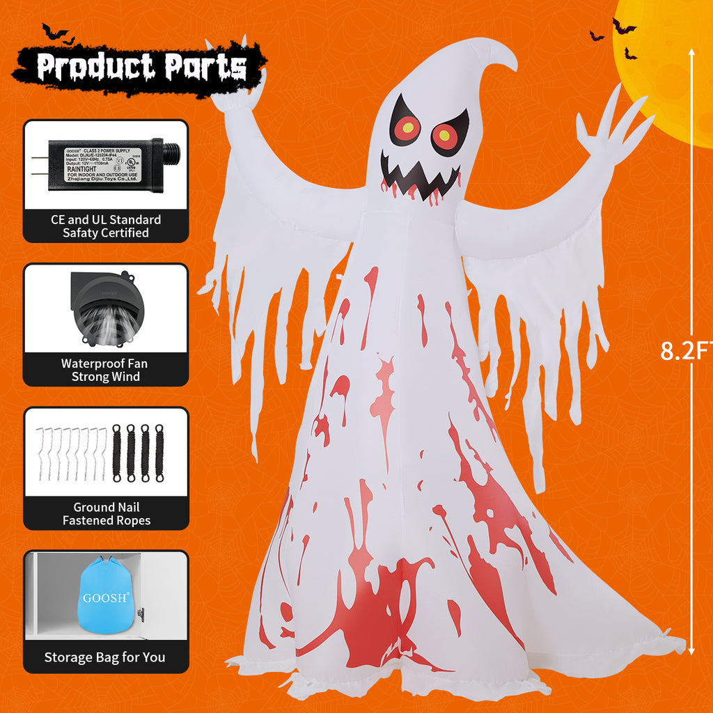 GOOSH Halloween Inflatables 8.2 FT Giant Inflatable Ghost, Scary Ghost Inflatable Blow up Ghost with Built-in LED Lights, Outdoor Halloween Decorations for Halloween Holiday Party Indoor Outdoor