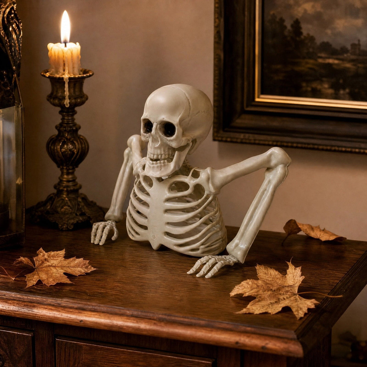 Realistic White Plastic Half Torso Skeleton Tabletop Prop, Detailed Human Half Skeleton Halloween Desktop Decor, Weatherproof Indoor Outdoor Reusable Spooky Party Ornament