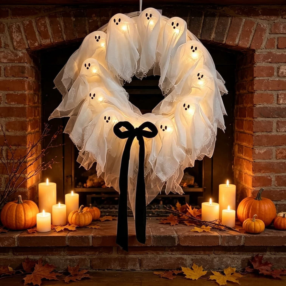 Gcvizuso Halloween Crescent Floral Wreath, Orange Red Rose Hydrangea Fall Front Door Decor for Autumn Harvest Celebration