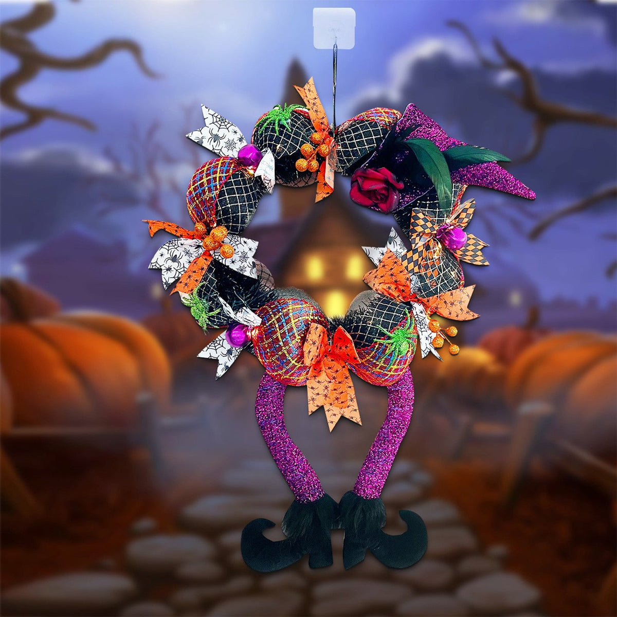 XGFHYJEH Halloween Front Door Wreath 17.71 Inch Halloween Wreath With Witch Hat Foot Wreath For Door Porch Window Indoor Outdoor Decorations Halloween Home Party