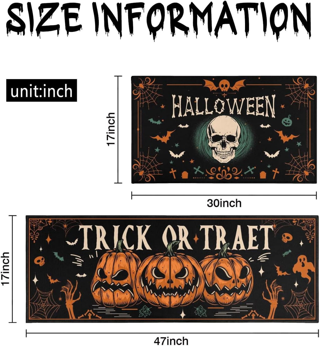 Halloween Kitchen Rugs and Mats Ghost Pumpkin Non Slip Washable Kitchen Mats for Floor Vintage Skull Home Door Mat Sets of 2 Decorations 17"x30"+17"x47"