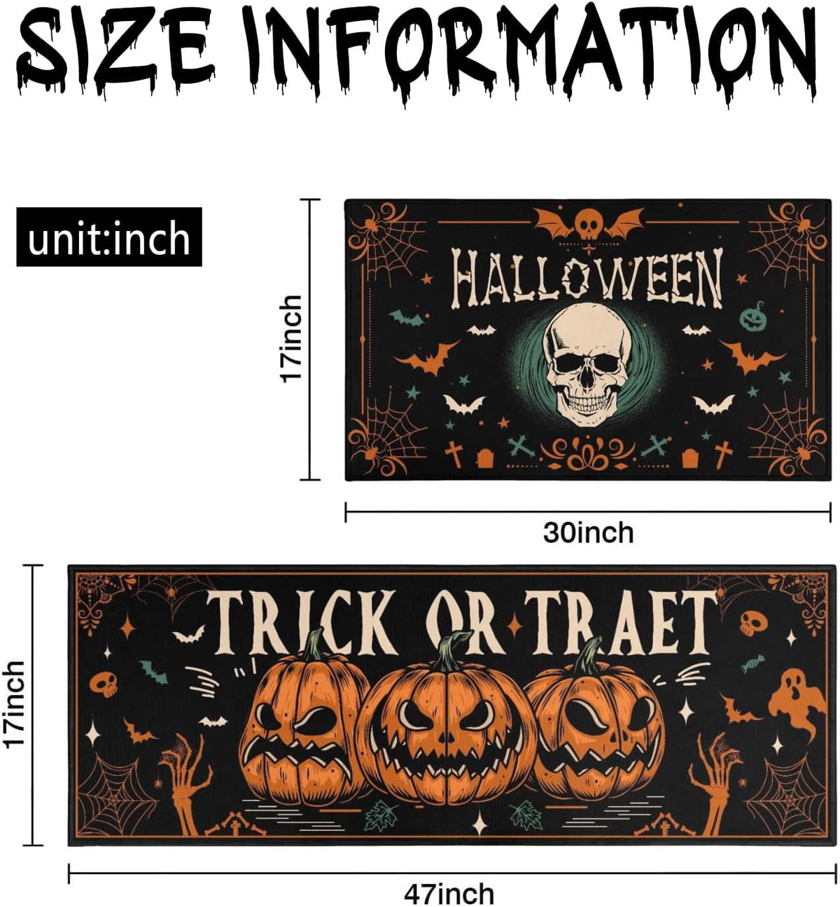 Halloween Kitchen Rugs and Mats Ghost Pumpkin Non Slip Washable Kitchen Mats for Floor Vintage Skull Home Door Mat Sets of 2 Decorations 17"x30"+17"x47"