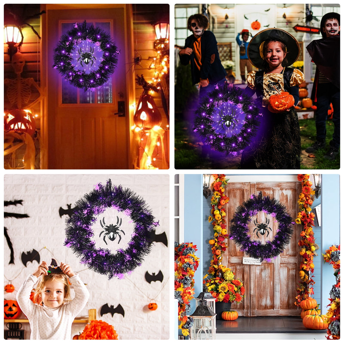 Halloween Spider Garland Front Door Wall Hangings Halloween Horror Party Atmosphere Decoration LED Luminous Wreath