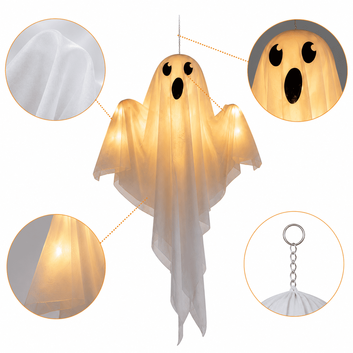 Clearance Light Up Hanging Ghost Decor, White Gauze Ghost Ornament with Blue LED Lights, Halloween Hanging Decoration for Front Door Porch Yard Tree Party Indoor Outdoor