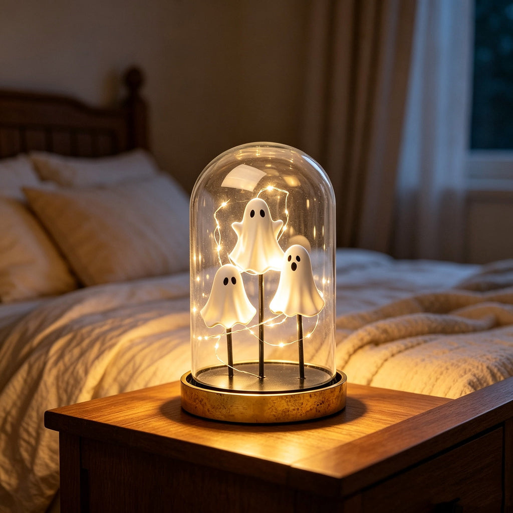 Orangide Halloween Ghost Cloche Night Light Fabric Ghost Lamp with Glass Dome for Mantel Shelf Spooky Party and Home Decor Ornament
