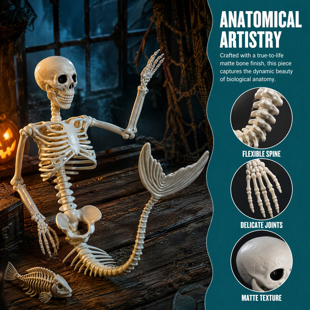 36inch Halloween mermaid skeleton, with flexible joints, can be posed and hung, suitable for Halloween indoor and outdoor decorations, parties, horror scenes and other occasions