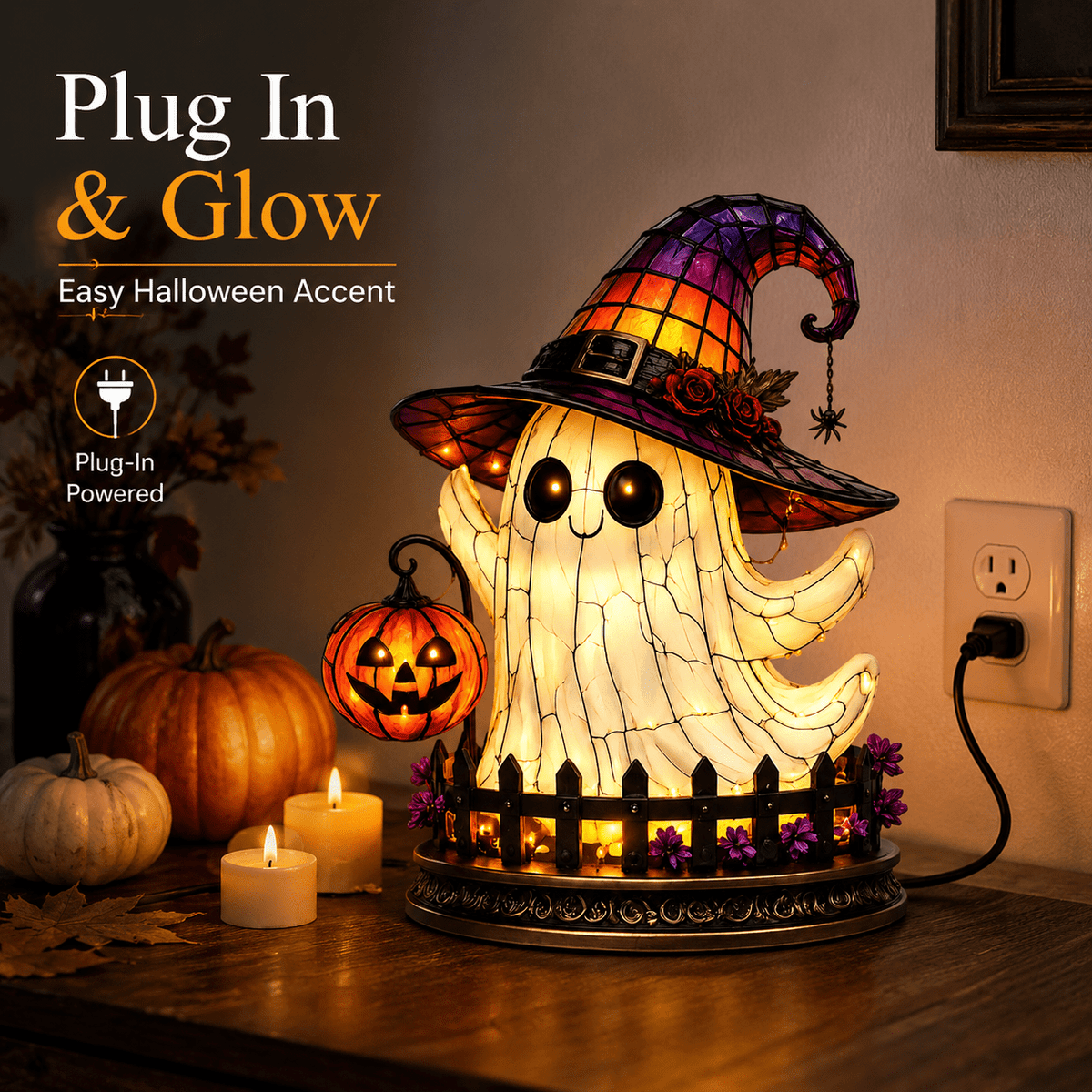Diceymbol 11.81 Inch Halloween Ghost Night Light, Witch Hat Ghost Lamp with Jack O Lantern, Halloween Decorations Indoor for Table Mantel Party Decor