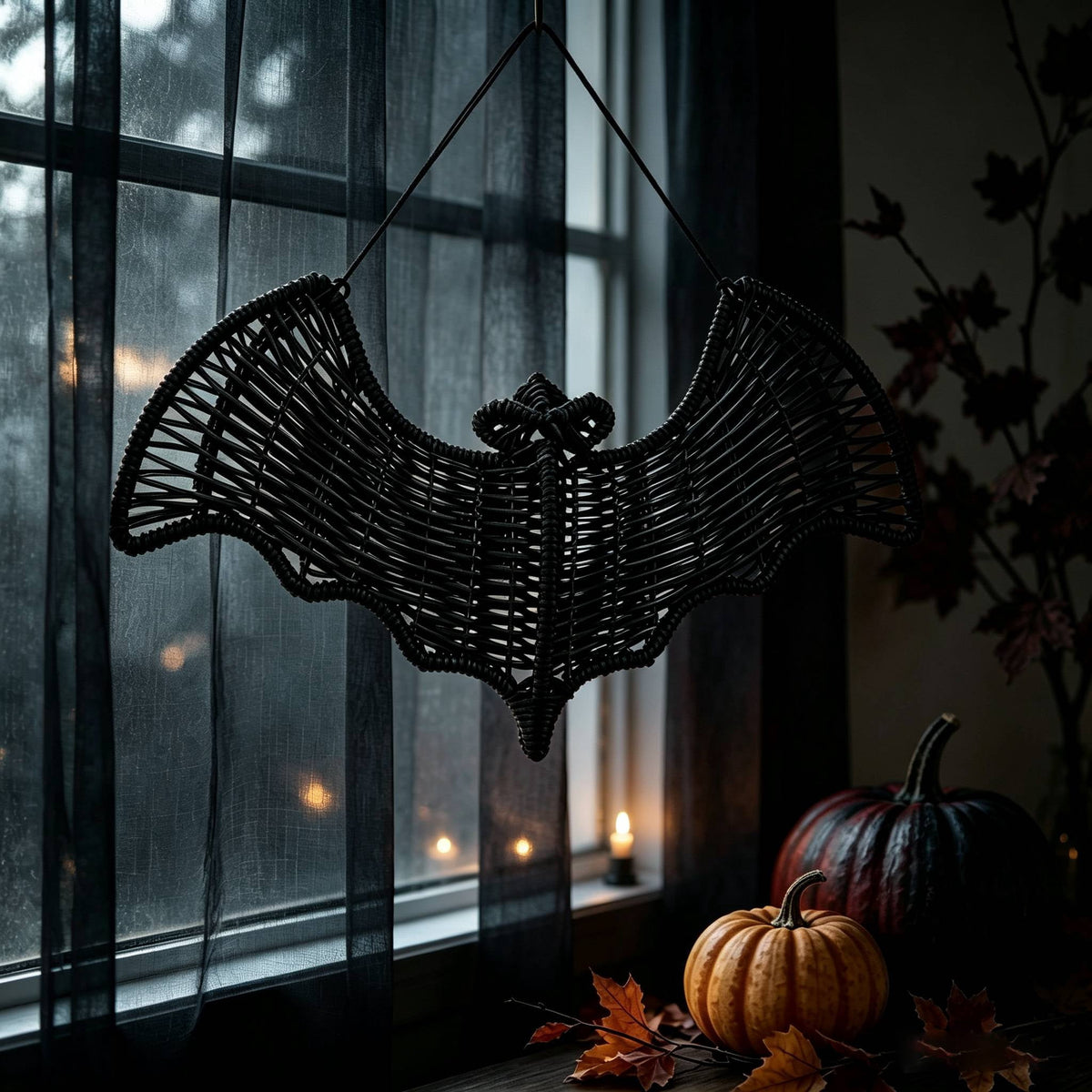 Black Rattan Wall Decoration, Halloween Wicker Bat Art, Indoor and Outdoor Festive Decor, Durable Plastic Material