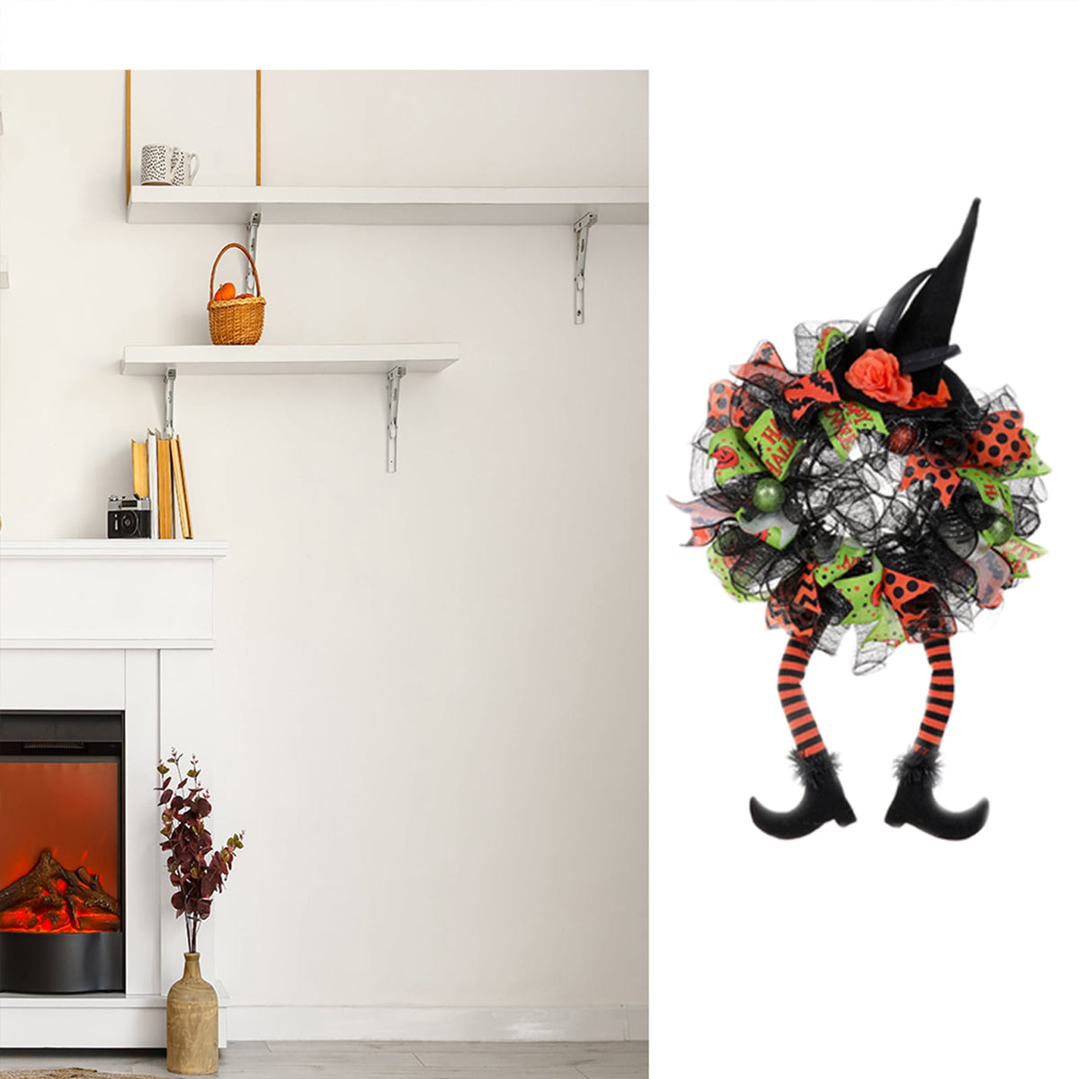 Halloween Wreaths, Halloween Decorations Witch Hat and Legs Wreath, Front Door Wall Light up Wreath Ornaments Holiday Party Halloween Thanksgiving Decor