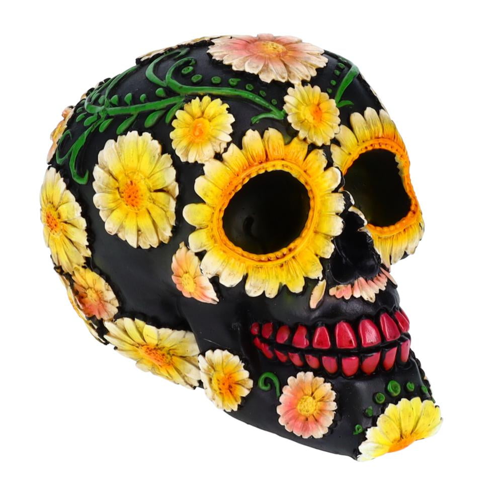 Resin Sugar Skull Black Day of the Dead Skull 2 P754754 - Sunflower Halloween Decoration Gothic DOD Skeleton Head Dia de los Muertos - Sunflowers