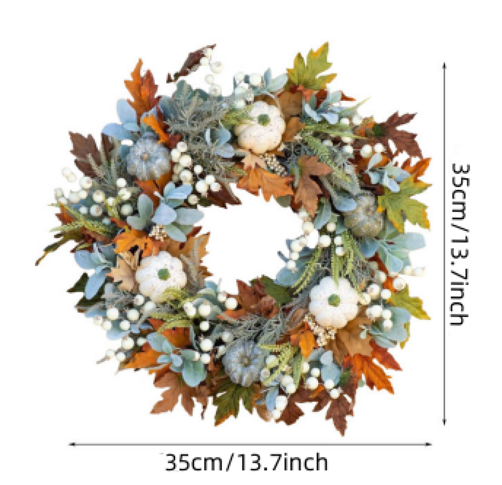 KMWGRE Farmhouse Autumn Wreath for Front Door -Grapevine Wreath Rustic Fall Decor with Artificial Pumpkins, Roses & Berry Branches, Thanksgiving Halloween Wreath