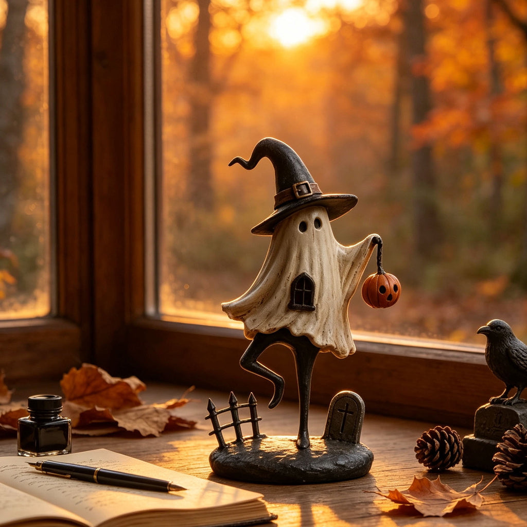 Halloween Ghost Figurine, Ghost Girl with Pink Bow & Hot Drink, Funny Ghost Statue Halloween Decor for Gift, Cute Spooky Tabletop Ornament for Home, Mantle, Desk & Party Decoration