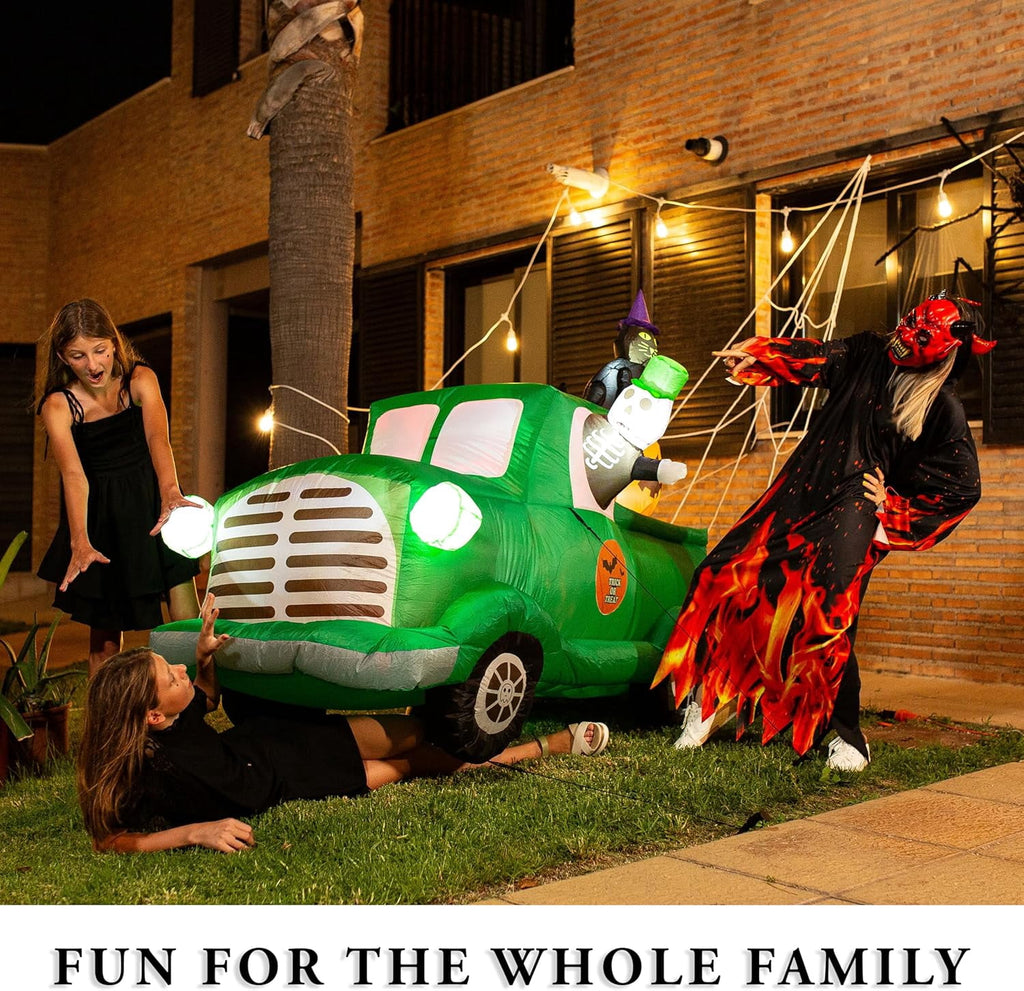 Zone Tech 7.5Ft Long Inflatable Ghost Car LED Lights Decor Halloween Outdoor Indoor Holiday Decorations, Giant Lawn Inflatable Garden Party Decoration and Halloween Blow up Green Car Yard Decor
