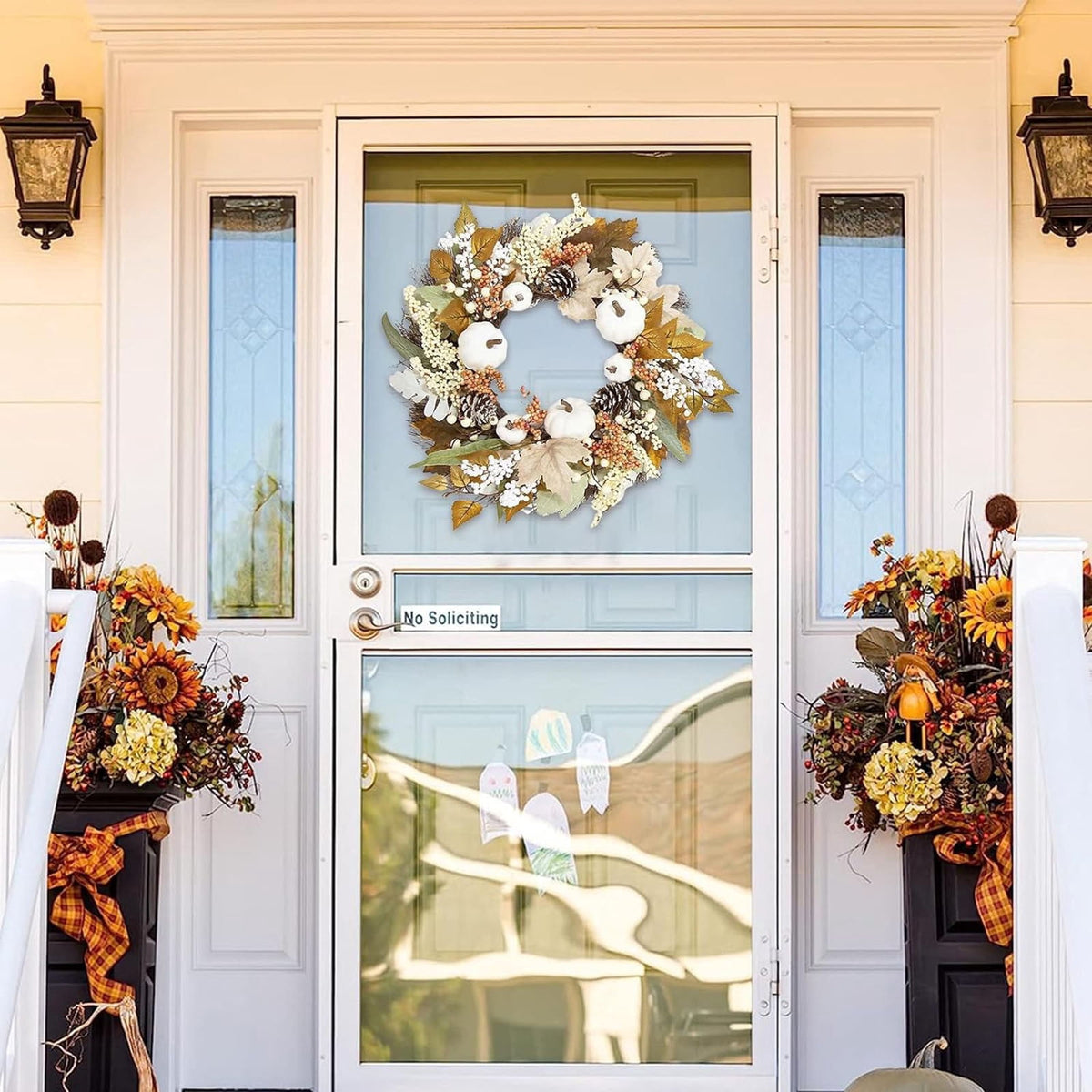 Autumn Wreath 14 Inch Fall Decor for Home Front Door with Artificial Maple Leaf Pumpkin Berry Pinecone Harvest Thanksgiving Halloween Farmhouse Seasonal Decorations Indoor Outdoor,