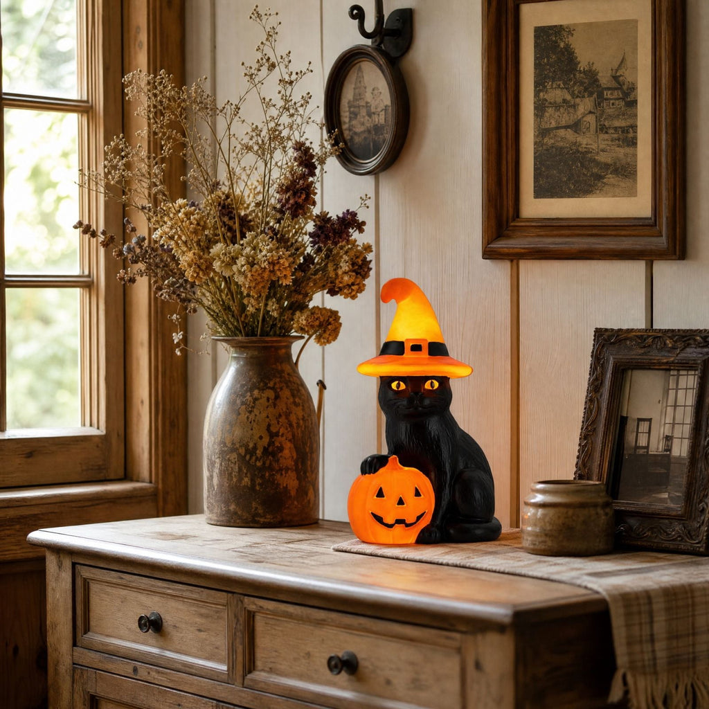 Light-Up Pumpkin Cat Blow Mold Outdoor Decoration, LED Glowing Witch Cat Jack-o-Lantern, Halloween Indoor Outdoor Spooky Decor