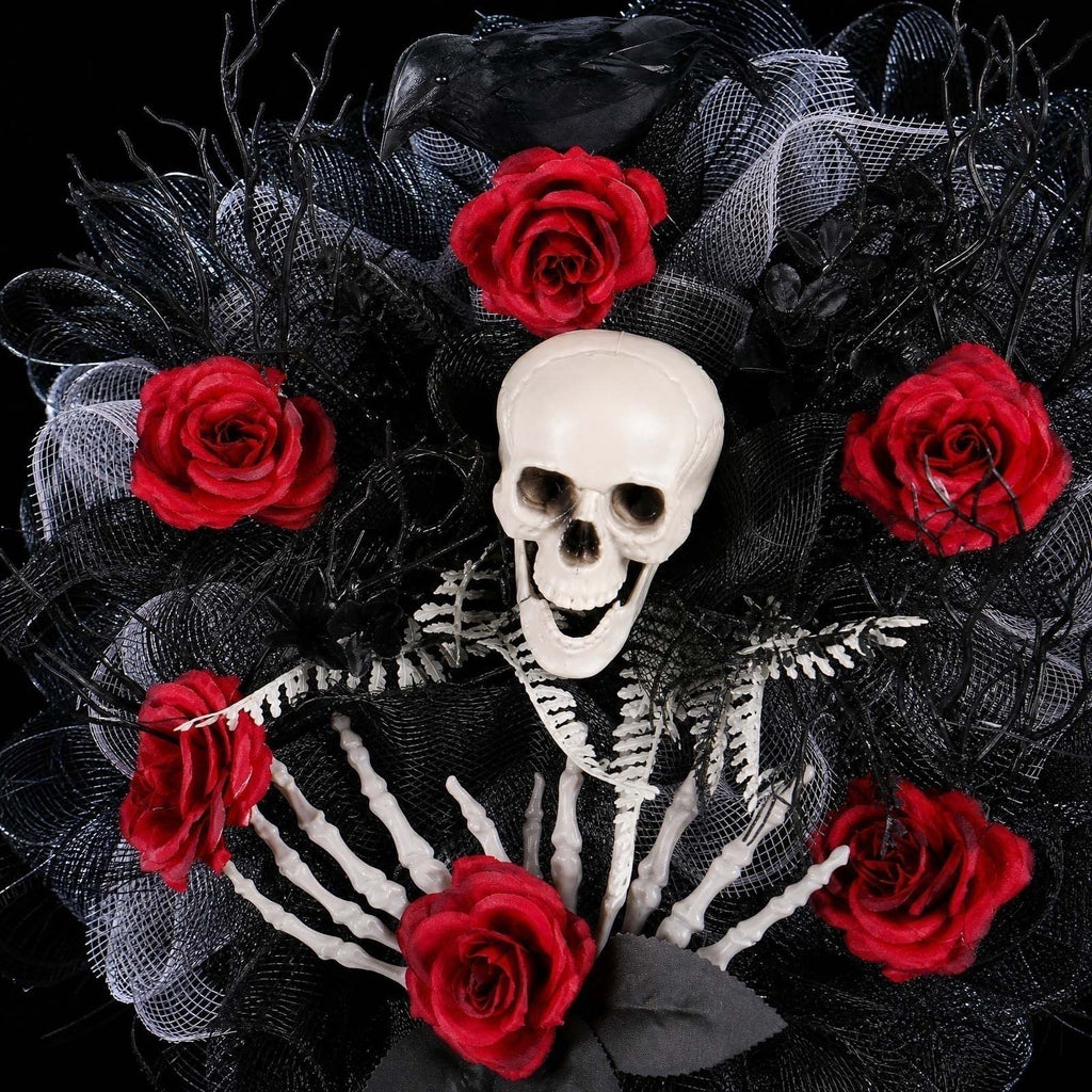 Halloween Artificial Rose Flower with Skull Head, Fake Silk Rose Bouquet, Red or Black Roses with Mini Skull