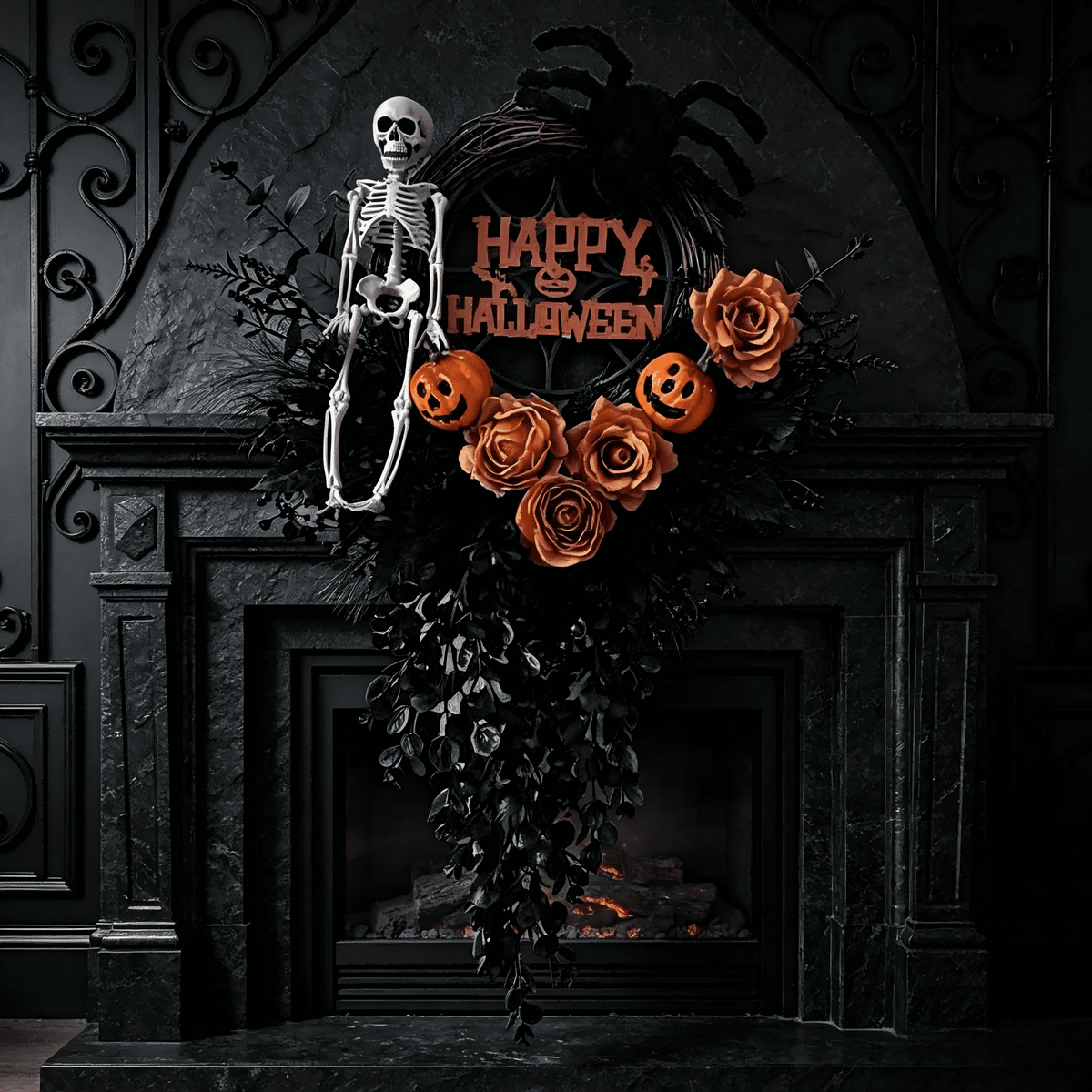 Halloween Wreaths for Front Door 26" Halloween Swag Hanging Window Door Decoration with with Skeleton and Spider Halloween Indoor Decoration for Fall Halloween Thanksgiving