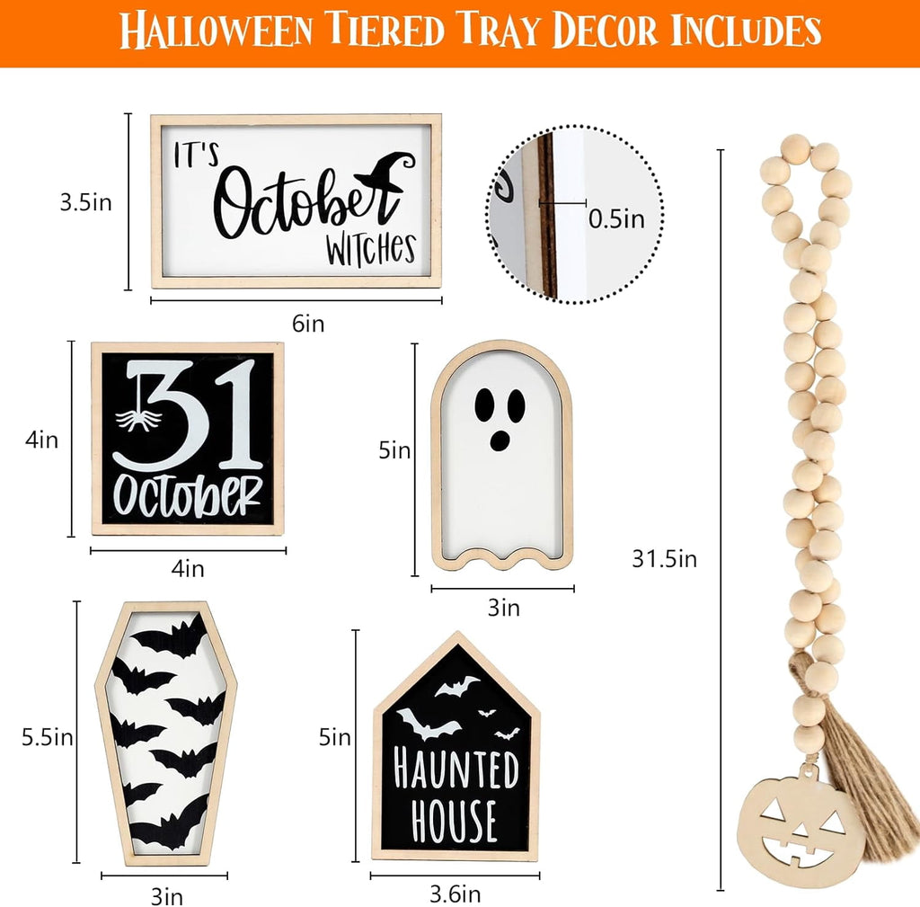 6-Piece Halloween Decor, Cute Wooden Halloween Decoration Indoor Tabletop Signs Farmhouse Rustic Tiered Tray Decor Halloween Party Decorations