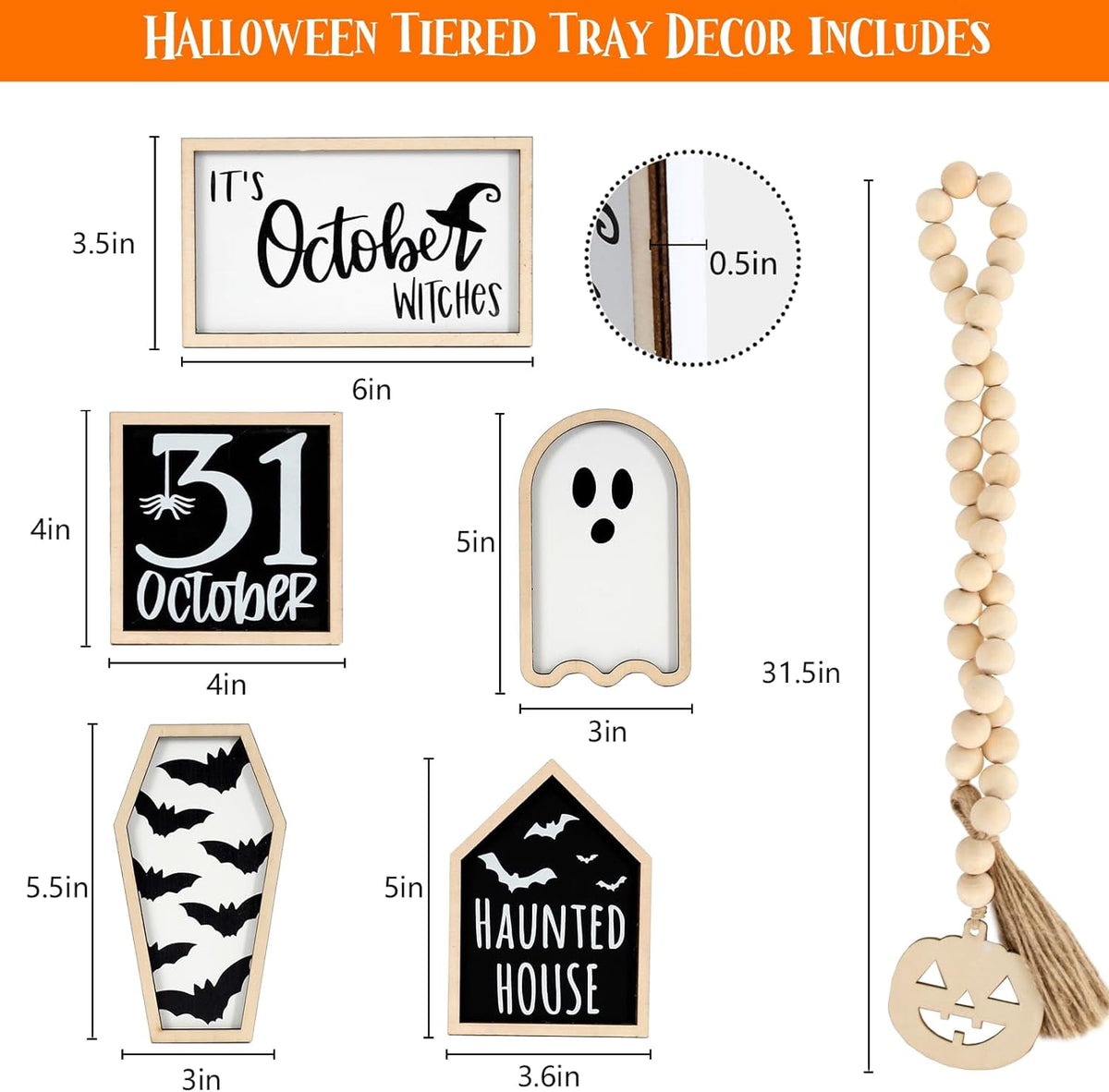 6-Piece Halloween Decor, Cute Wooden Halloween Decoration Indoor Tabletop Signs Farmhouse Rustic Tiered Tray Decor Halloween Party Decorations
