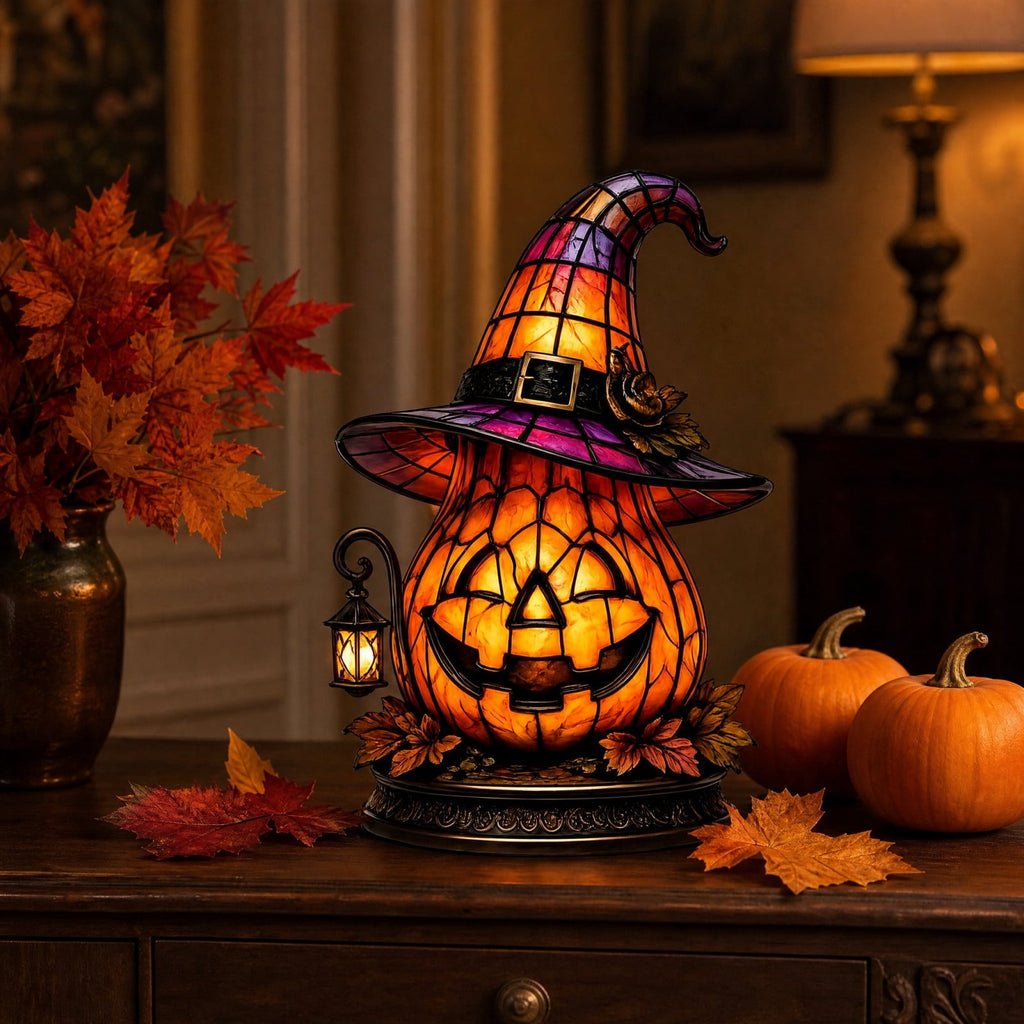 Halloween Lighted Witch Cauldron Decor Lamp, Stained Glass Witch Hat Magic Pot Night Light with Pumpkin & Potion Bottle Details, Spooky Vintage Tabletop Ornament for Mantel Living Room Party