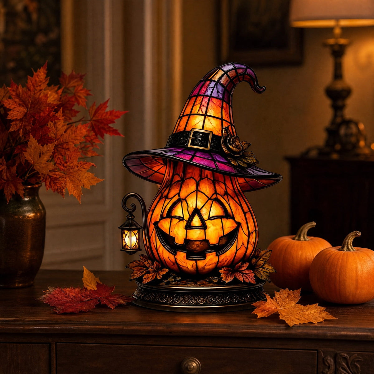 Halloween Lighted Witch Cauldron Decor Lamp, Stained Glass Witch Hat Magic Pot Night Light with Pumpkin & Potion Bottle Details, Spooky Vintage Tabletop Ornament for Mantel Living Room Party