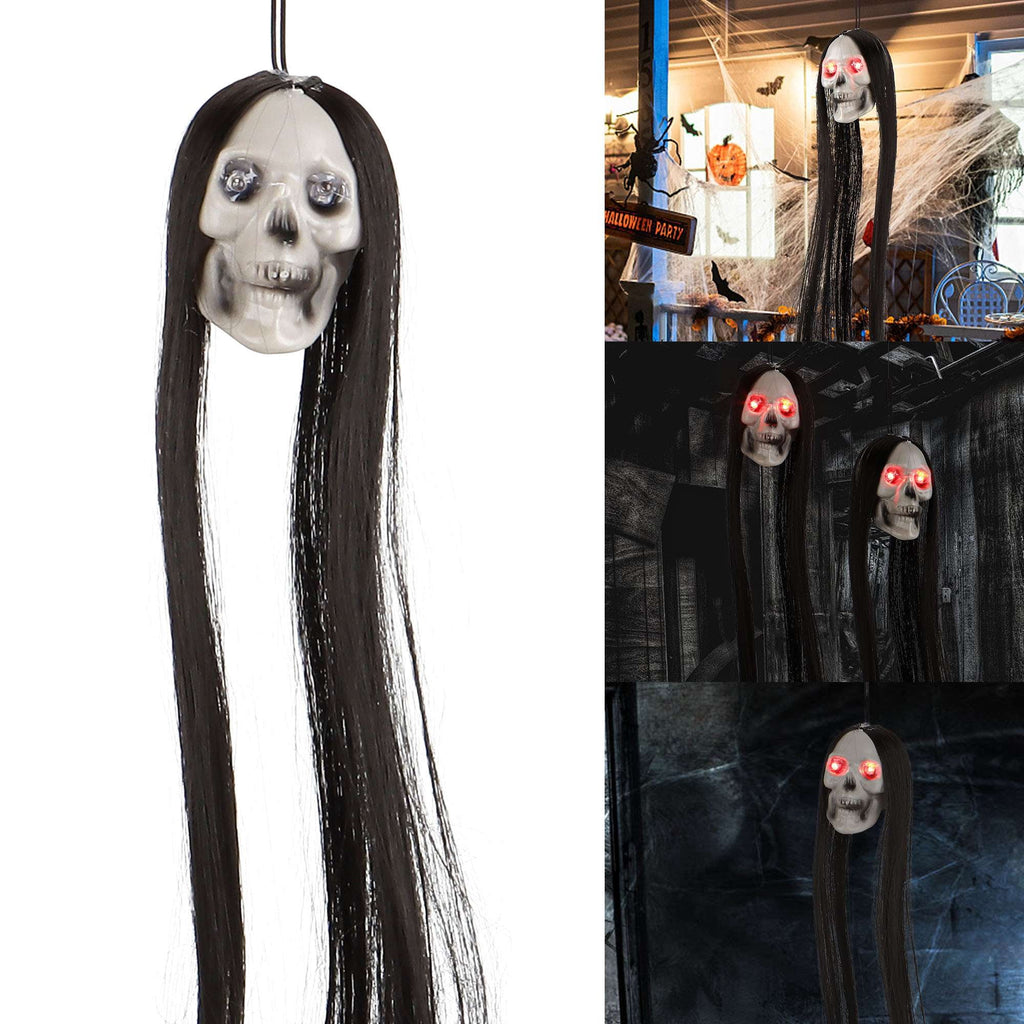 Deago 2 Pack Halloween Hanging Skeleton Ghost Decorations - 20" Led Light Up Red Eyes Hanging Grim Reapers with Hair for Halloween Indoor Outdoor Decoration