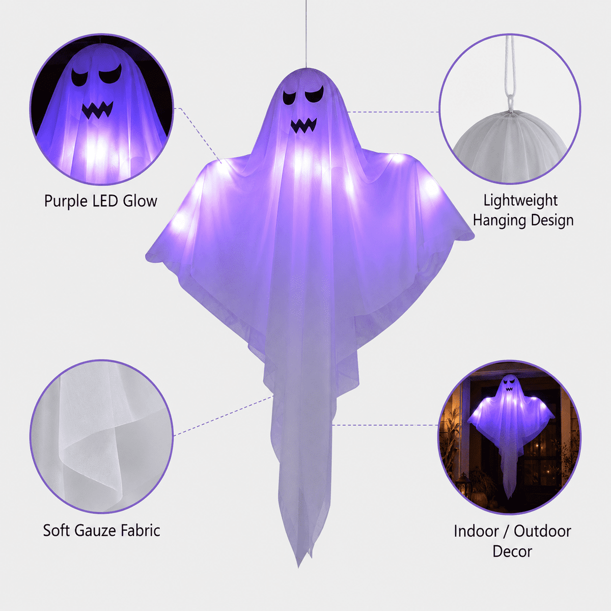 Clearance Light Up Hanging Ghost Decor, White Gauze Ghost Ornament with Blue LED Lights, Halloween Hanging Decoration for Front Door Porch Yard Tree Party Indoor Outdoor