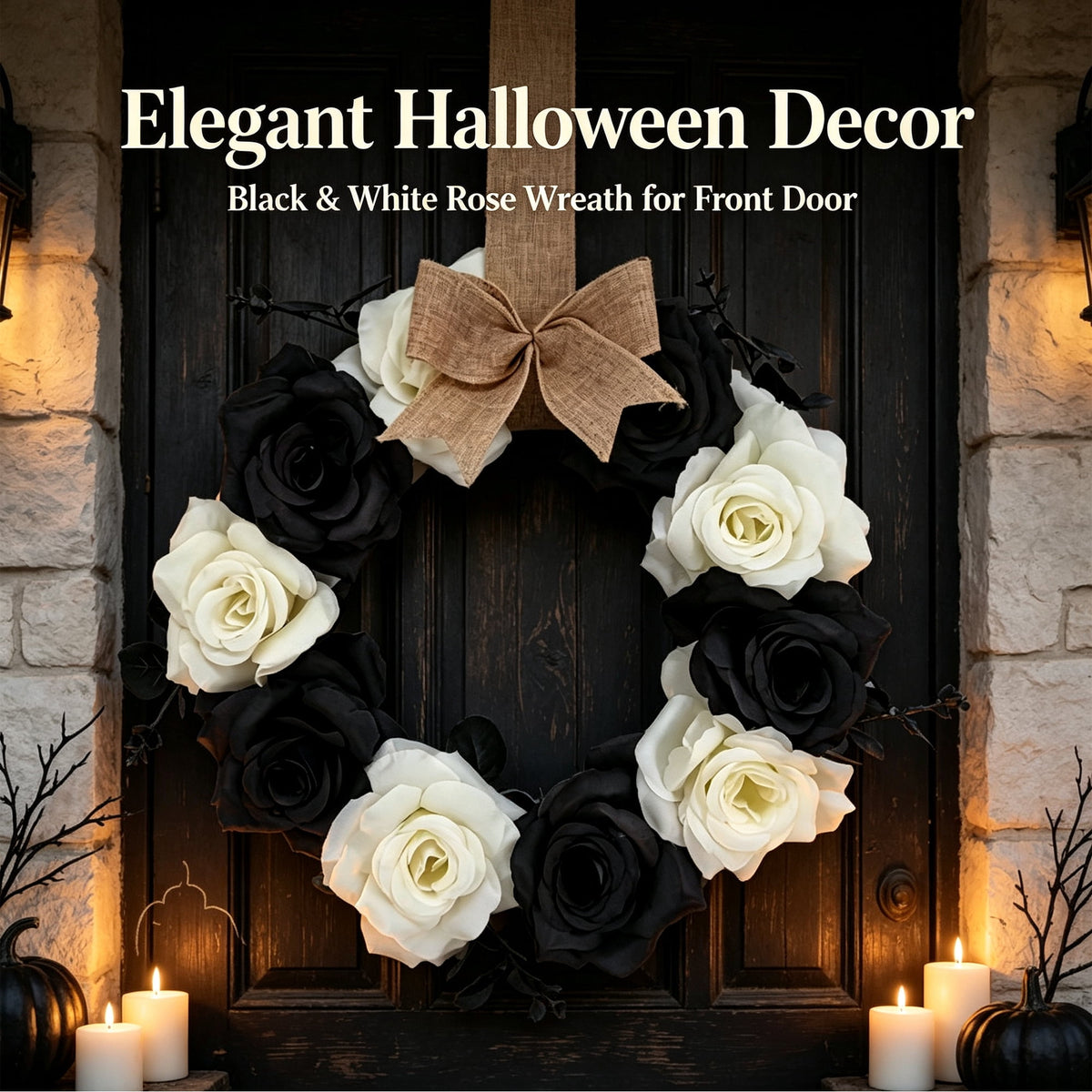 Halloween Rose Wreath, 11.81 Inch Black & White Artificial Flower Wreath with Burlap Bow, Gothic Front Door Wall Hanging Decor for Fall Autumn Home, (1PC)