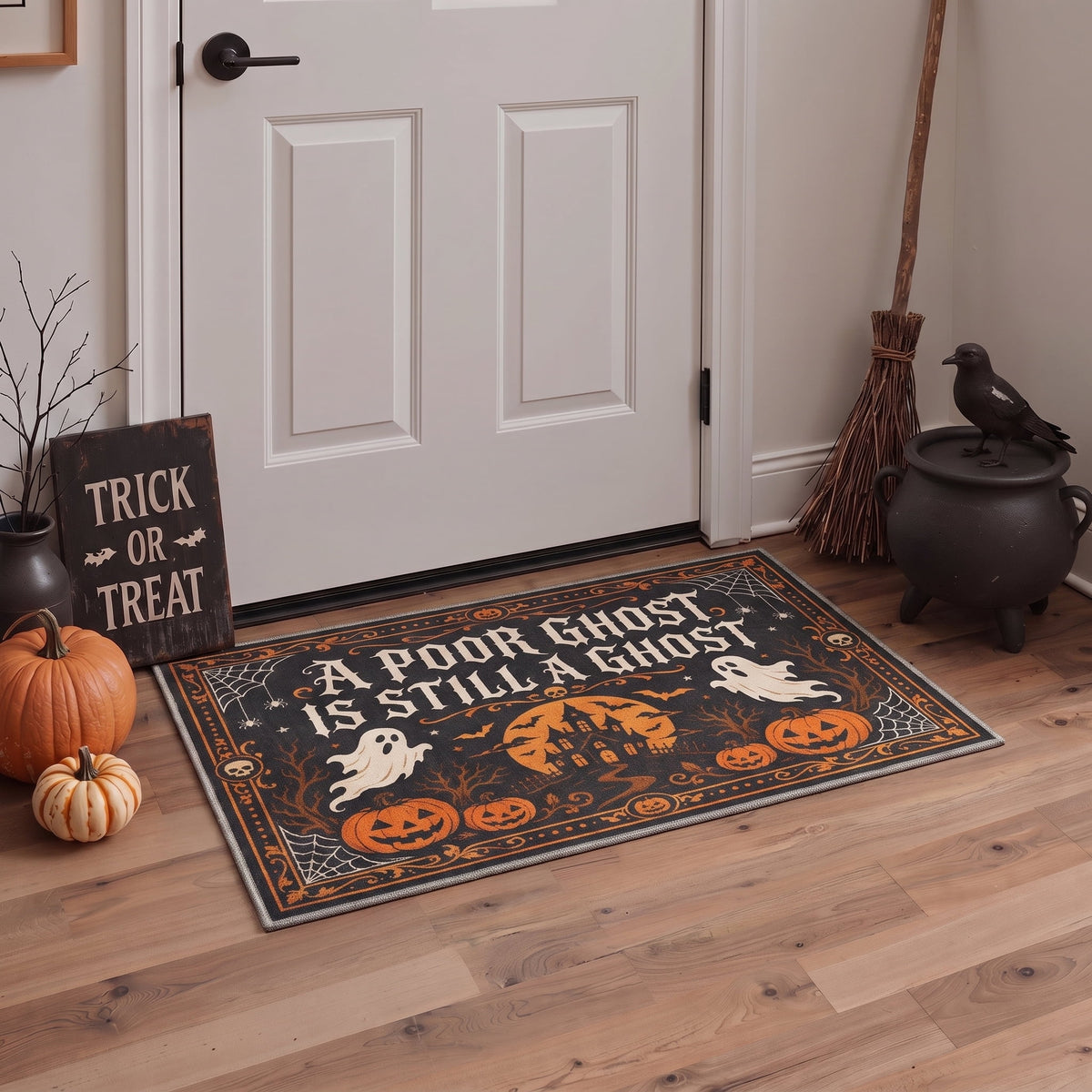 GENIMO 2'x3' Halloween Doormat, Washable Non Slip Soft Whimsical Cat Outdoor Door Mat for Front Door Covered Porch Patio Entryway, Vintage Black