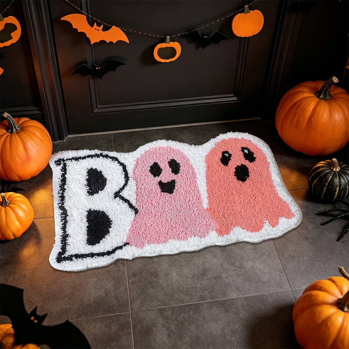 Halloween Heart Print Doormat 60x40cm, Black Orange Spooky Entry Mat for Front Door, Non-Slip Indoor Outdoor Rug