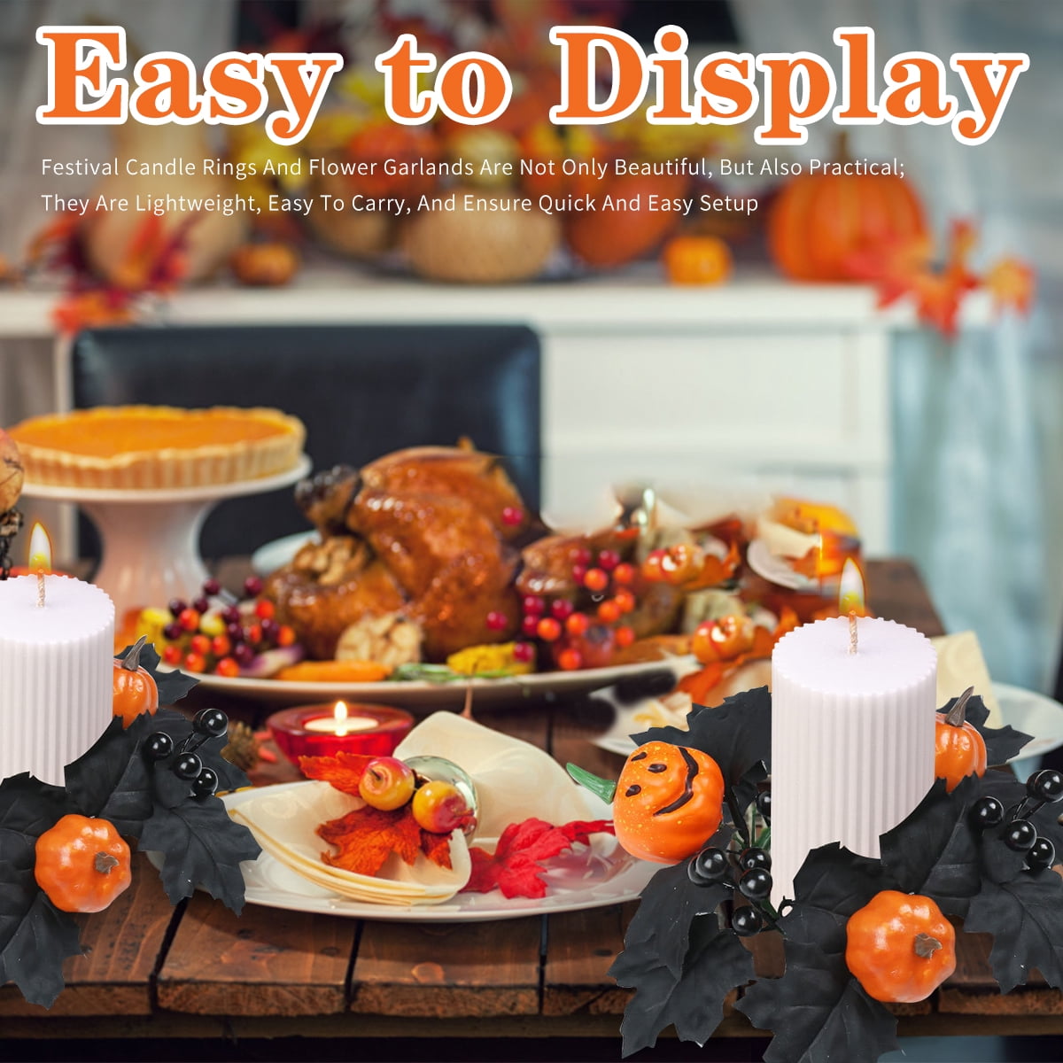 Halloween Candle Ring Wreath Halloween Table Centerpiece Black Orange Spooky Table Top Decoration Small Taper/Pillar Candle Rings Center for Party Favors 4 Pcs Design1