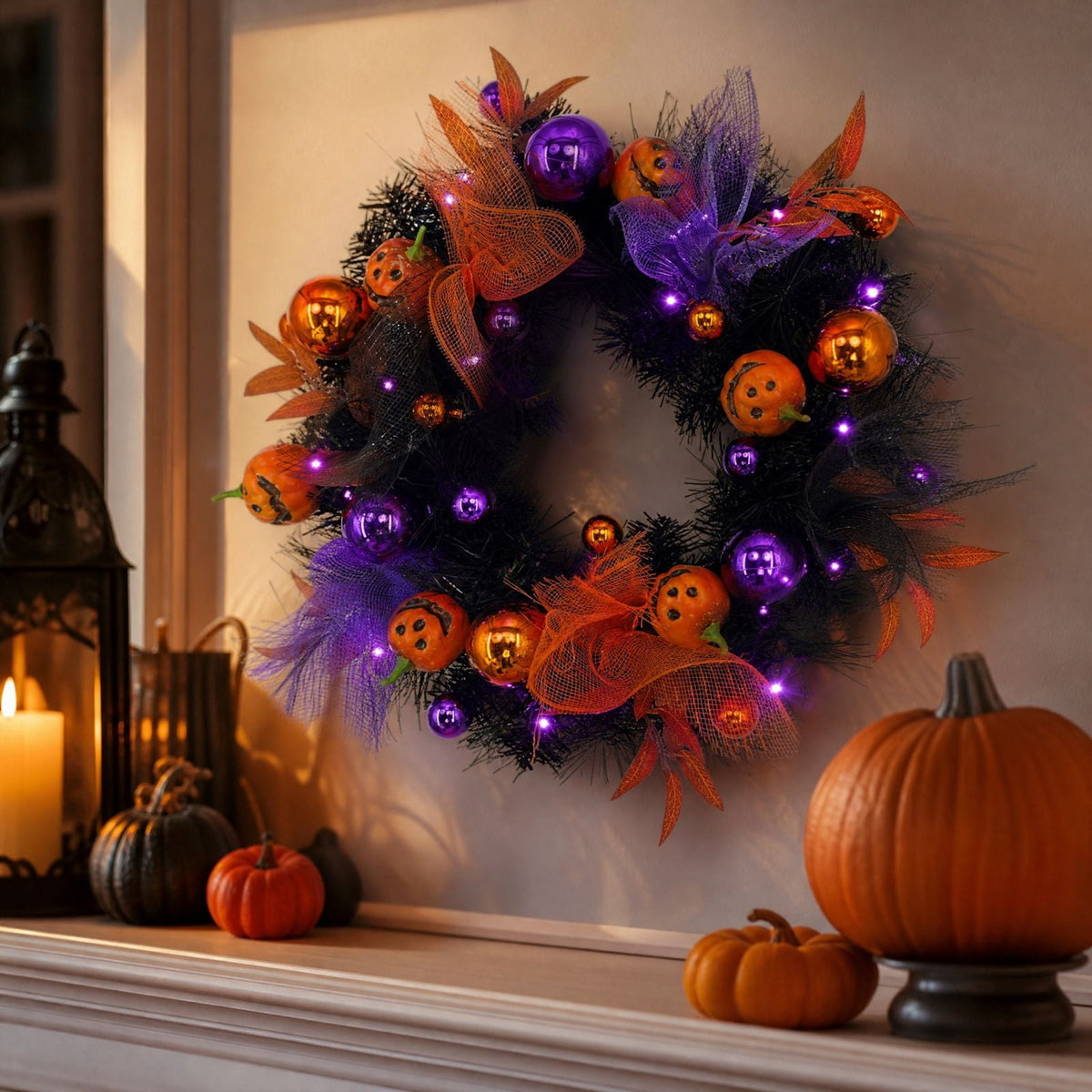 Ktlvex 20" Halloween Wreaths Decoration for Front Door,Black Wreaths Pumpkin Feather Maple Leaves with Lights,Halloween Indoor Outdoor Home Decor（B）