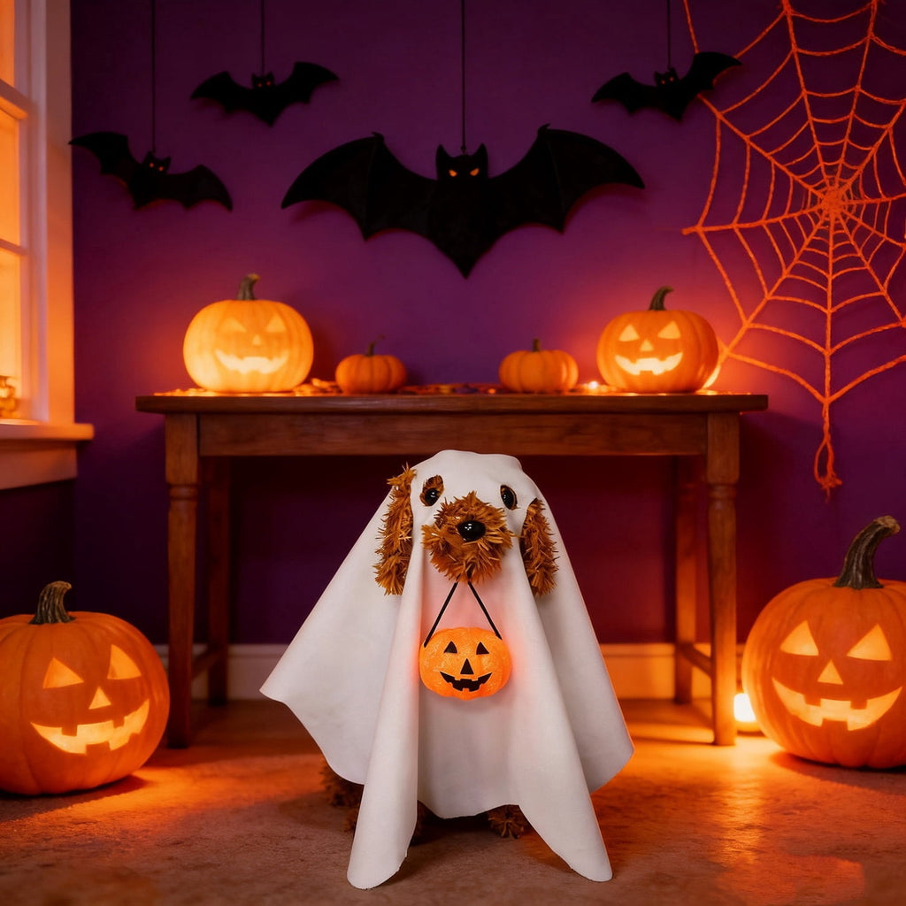 Tinsel Dog in Ghost Costume Tabletop Decoration, Brown and White, Halloween by Way To Celebrate