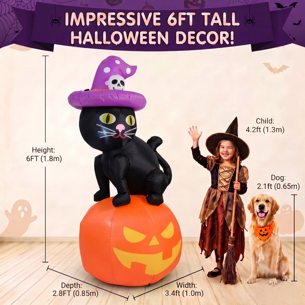 Glazina 6 FT Halloween Inflatable Skeleton on Pumpkin with Witch Hat, Built-In LED Lights, Outdoor Halloween Blow Up Yard Decoration