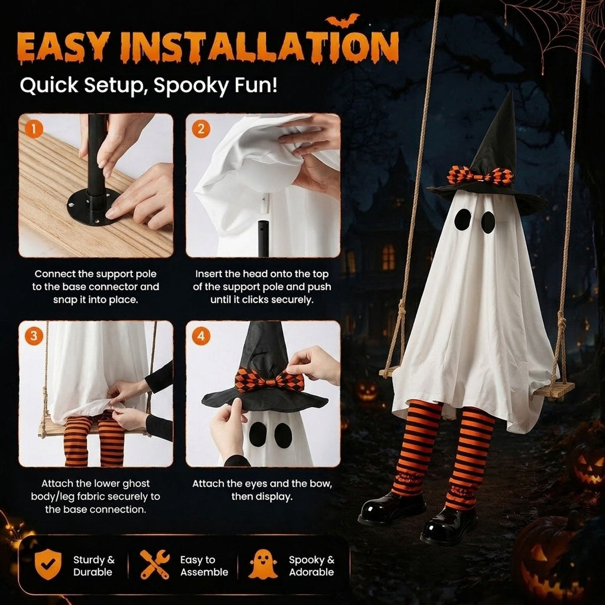 Clearance 5 FT Hanging Ghost Decor,Early Halloween Decorations Light-Up Flying Ghost on Broomstick with Witch Hat, Witch Broom, Spooky Cute Outdoor Halloween Decorations for Front Porch Yard Tree