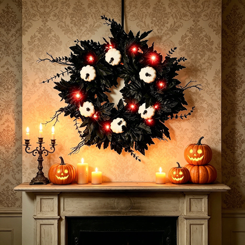 Halloween Wreaths Decoration for Front Door,Black Maple Pumpkin Wreath Decor with Lights,Fall Artificial Flower Wreath for Halloween Thanksgiving Wall,Window,Indoor Outdoor Halloween Home Decoration