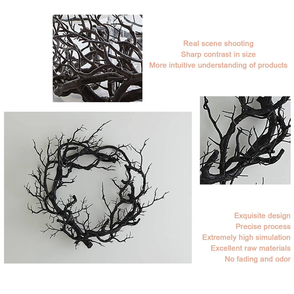 Halloween Black Twig Wreath 22 Inch Spooky Decorative Wreath for Front Door, Wall, or Mantel