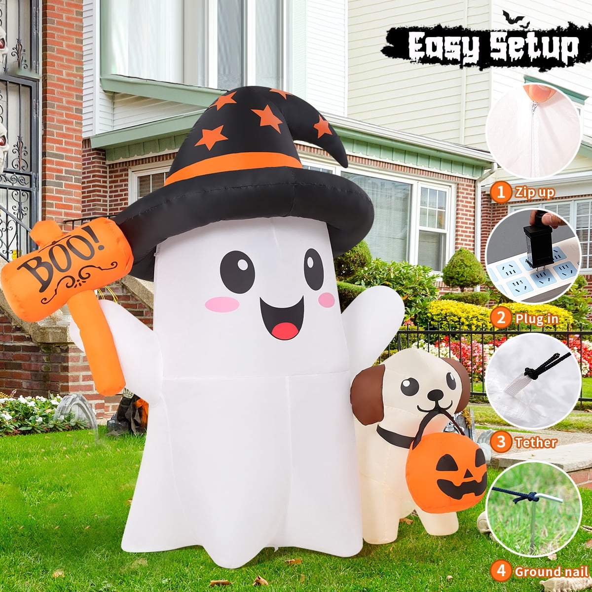 GOOSH Halloween Inflatables 5 FT Inflatable Ghost and Puppy with Built-in Led Lights, Cute Ghost Inflatable Wearing Witch Hat, Outdoor Halloween Decorations Blow up Ghost for Halloween Holiday Party
