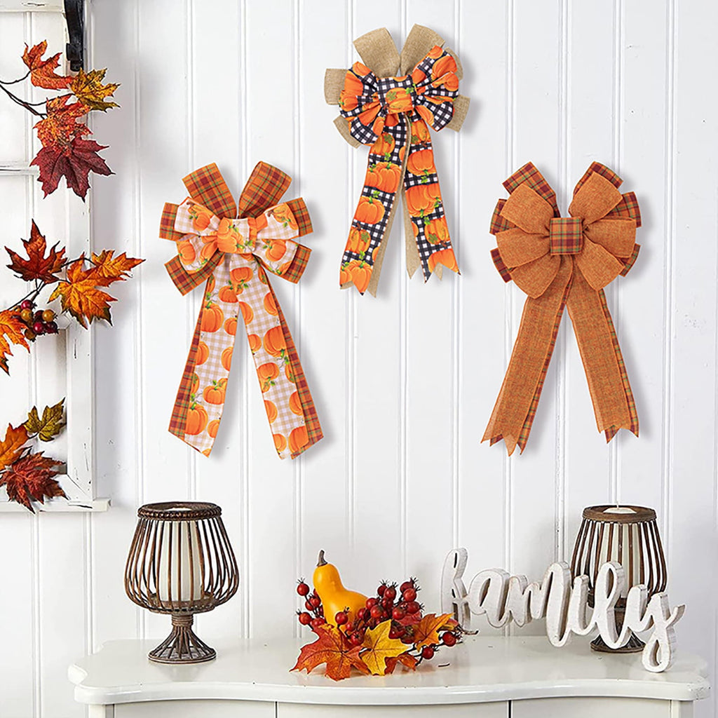 Large Thanksgiving Fall Bow For Wreaths Decorations For Home, Halloween Tree Topper Bow, Pumpkin Bow With Orange Buffalo Plaid Burlap For Front Door Wreath Home Indoor Outdoor Decor