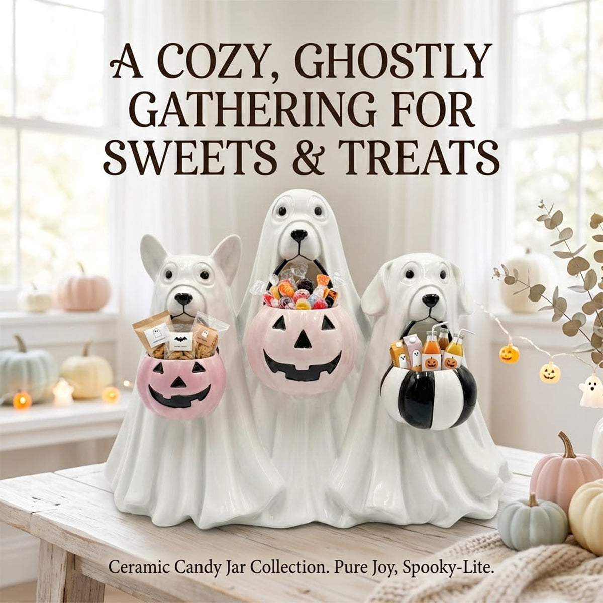 Lighted Halloween Ghost Candy Bowl, Cute LED Ghost Holding Pumpkin Candy Bucket for Trick or Treat, Outdoor Halloween Decorations for Front Porch, Indoor Yard Patio Halloween Decor